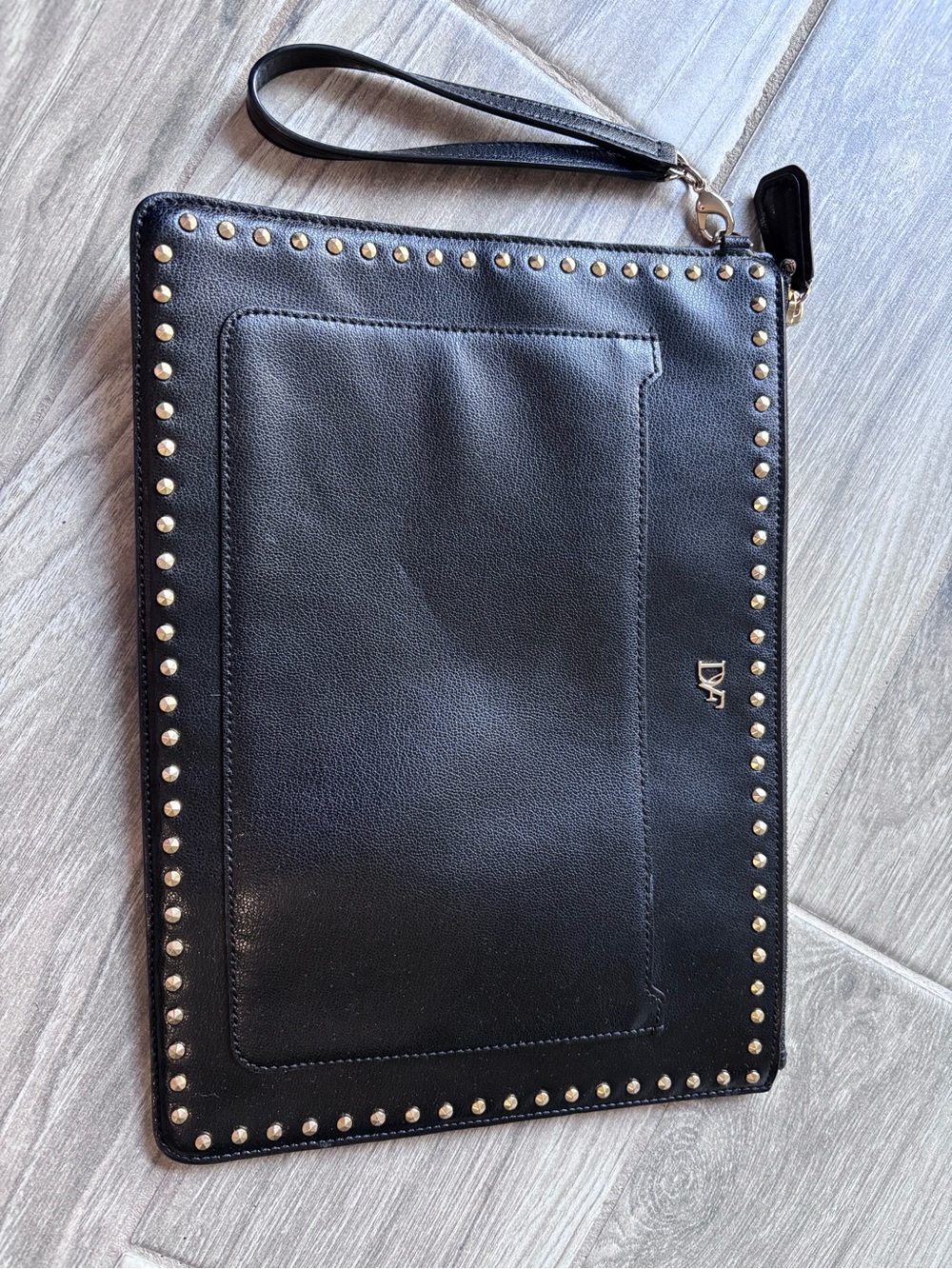 Diane Von Furstenberg Black Leather Studded Wristlet Clutch